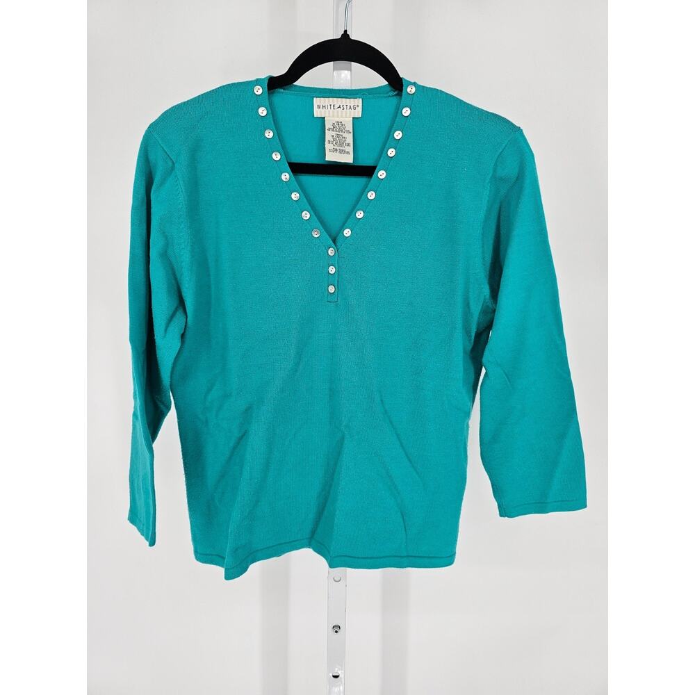 White Stag Womens Sz M 3/4 Sleeve V Neck T Shirt Bright Teal Blue